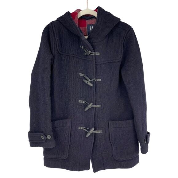 Gap Duffle Coat Womens Small Navy Thick Wool Blend Red Plaid Lining Toggles - Picture 1 of 12